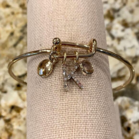 NWT LOFT Gold Tone Pave Rhinestone Initial Charm Bangle Bracelet - LETTER K - Picture 3 of 10